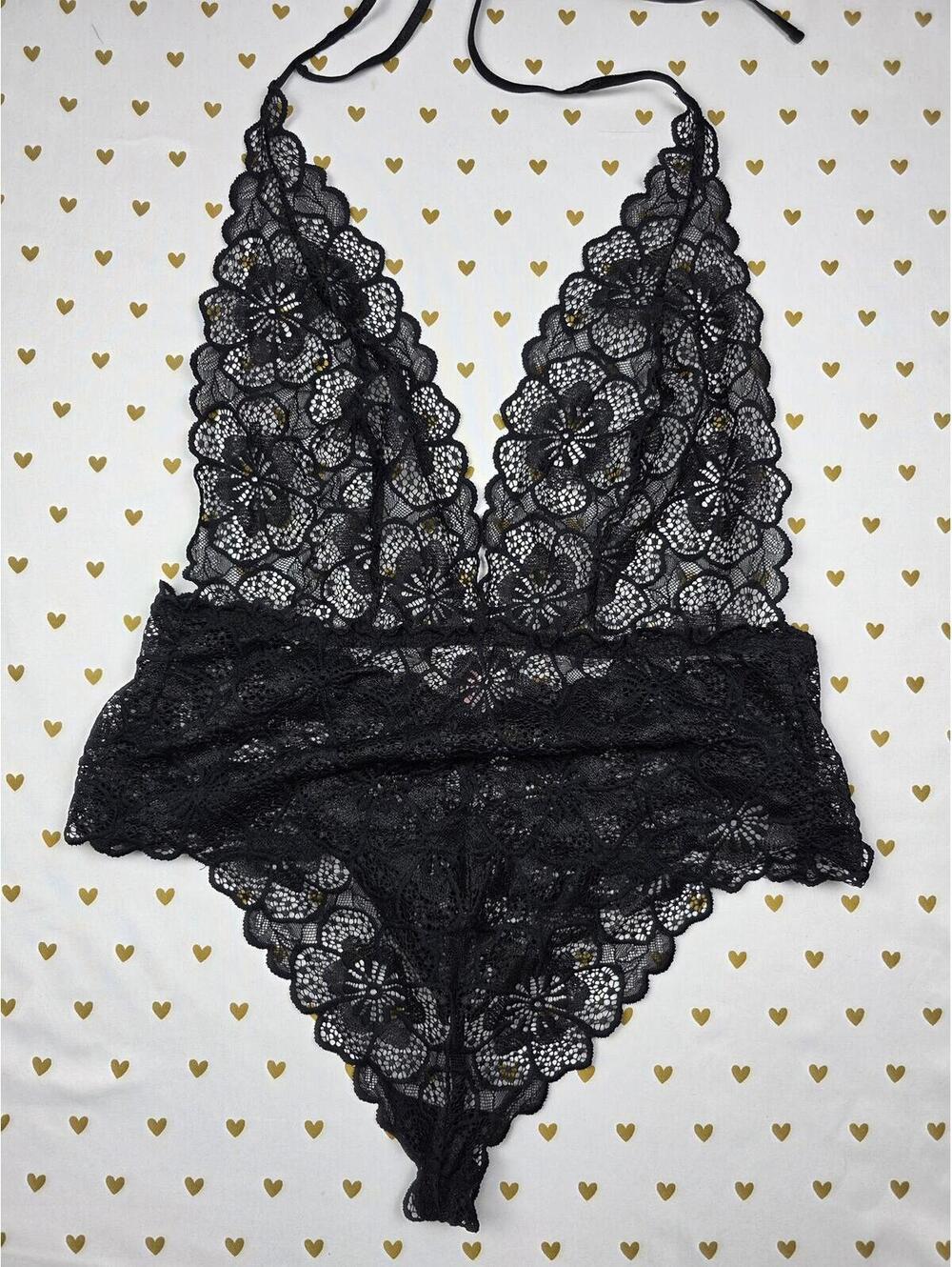 Victorias Secret Sexy Lace Tie Halter Bodysuit Teddy Sheer Black V String Thong